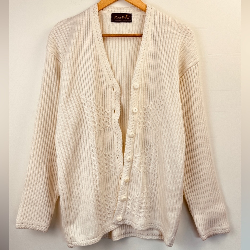 Creamy White Rib V-Neck Cardigan - Rosy Wool  brand - Wool mix - Size L
